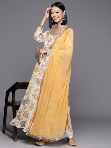 Yellow Floral Printed Anarkali Kurta Paired With Solid Dupatta